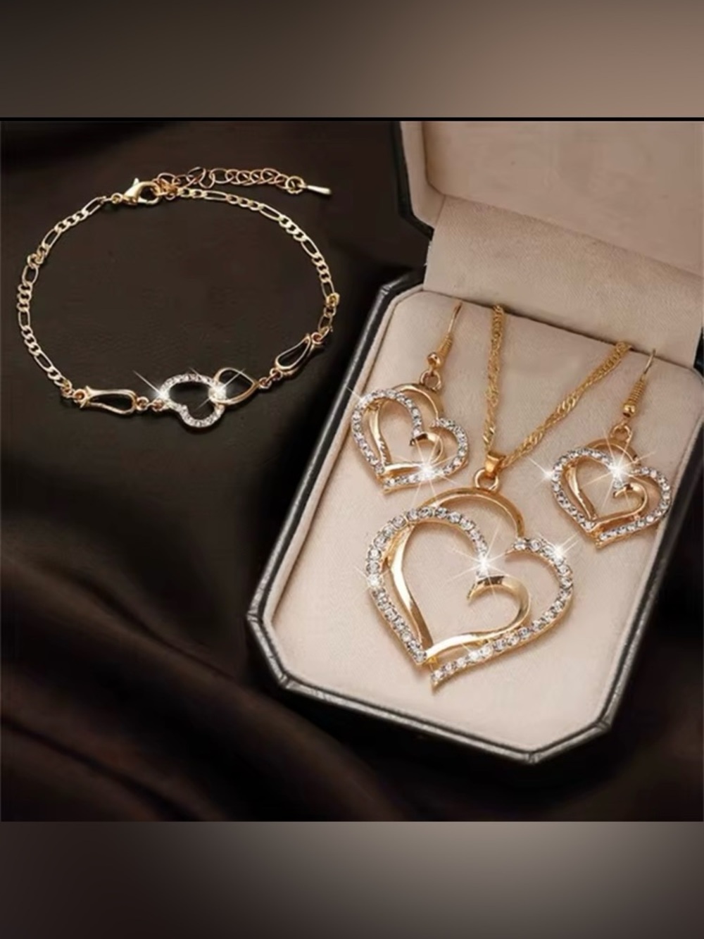 Gold / silver tone Crystal Double Heart Necklace + Earring + Bracelet Set NWT